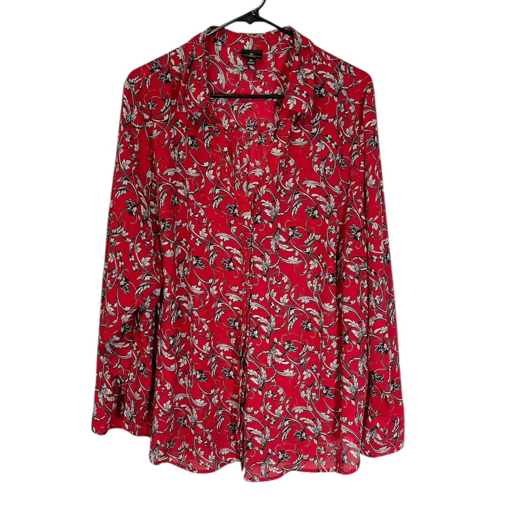 Worthington 3X Red Blouse Long Sleeve Scroll Floral Button Up Dark Academia